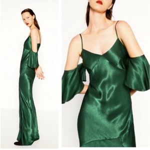 Zara Emerald Satin Slip Dress Off The Shoulder Flutter Sleeve Cocktail Party